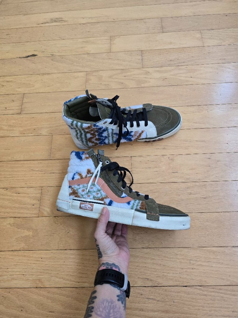 Vans | Sk8-Hi Olive Green Aztec Reconstruct Sherpa Fleece Sneakers | Mens 11
